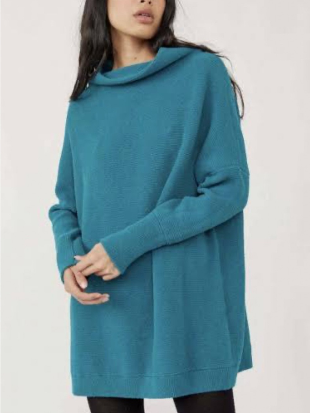 Free People Ottoman Slouchy Tunic Ribbed Sweater Teal Turquoise XS Oversized - Picture 2 of 8